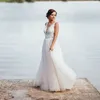 A-Line Beach Wedding Dresses Summer Boho Bride Dress With Detachable Train Backless Appliques Tulle Wedding Gowns Plus Size