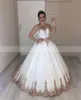 Księżniczka biała suknia ślubna z różowo -złotym aplikacjami vintage przezroczyste długie rękawy sukienki ślubne suknia balowa szata Mariage sukienki Mariage