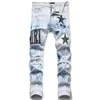 Jeans masculinos europeus jean hombre carta estrela homens bordado retalhos rasgados para tendência marca motocicleta calça mens skinny1849