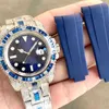 Big Zircon Diamonds Watch Blue Square Stones Bisel 904l Acero inoxidable Eta 2836 Movimiento Mecánico Top Calidad Hombres Lujo Completo Iced Out Cz