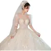 2023 Glitter Dubai Arabia Ball Gown Свадебные платья с длинными рукавами с блестками бусинки с кружевными аппликациями плюс размером с индивидуальные свадебные платья Crystal Robe de Marie