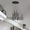 Pendant Lamps Modern Simple Duplex Building Spiral Staircase Chandelier Villa Living Room Loft Long Hanging Light Black Round LED Lamp