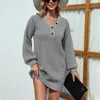 Casual kl￤nningar L￶st stickad tr￶ja V Neck-knapp L￥ng lykta ￤rm Pullover Vestidos Mmy-D2813