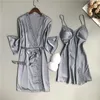 Women's Sleepwear Sexy Lace Kimono Bath Gown Women 2PCS Robe Set Chemise Nightgown Summer Satin V-Neck Bathrobe Nightwear Home Clothes