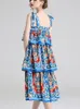 Casual jurken zomer vintage blauwe print suspener losse jurk katoen blend multi-layed cakee zoete lang