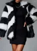 Women's Fur FMFSSOM Winter Women Faux Coat Fashion Casual Female Long Sleeve Black White Stripe Turn Down Collar Warm Coats