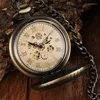 Montres de poche Vintage bois cercle sculpté numéro cadran montre mécanique hommes Unique creux Steampunk rétro horloge chaîne