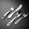 Zestawy naczyń obiadowych 4PC/SET KRÓTKI KRTULARY 304 STALIMIS CARDOON CARTOON CARVING SPOON FILK Nóż Portable Scoops Zestaw naczynia dla dzieci