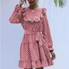 Casual Dresses Spring Summer Chiffon Dress Polka Dot Print Women's Elegant Midi Boho Mujer Long-sleeved Ruffled Retro With Belt