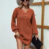 Casual Dresses Loose Knitted Sweater V Neck Button Long Lantern Sleeve Pullover Vestidos MMY-D2813