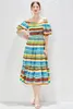 Vestidos casuais Primavera e verão Office Lady Square Collar for Women Colorful Stripes Apparel Sleeve Sleeve Dressal