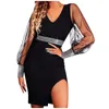 Casual Dresses Women's Sexy V-Neck Tight Hip Wrap Fashion Temperament Star Printed Mesh High Waist Long Sleeve Evening Party Dress