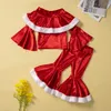 Children Clothing Set Girls Christmas Outfits Green Ruffle Tops Flared Pants Party Velvet Sets 2023 New Year Costume For Child