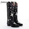 Boots Women Star Print Western Cow Chunky Heel Knee High Autumn Winter Pointed Knight Slip On Gladiator Botas Mujer T221028