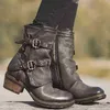 Stiefel Frauen Schuhe Motorrad Herbst Plattform Niedrige Quadratische Ferse Runde Nase Knöchel Schnalle Handgemachte Nähen Punk Coole Damen Weibliche 220805