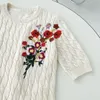 2022 Autumn Round Neck Knitted Floral Print Embroidery Dress White 1/2 Half Sleeve Short Casual Dresses D2O312815