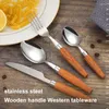 Dinnerware Sets 1pc Wooden Handle Tableware Japanese Style Stainless Steel Knife Fork Spoon Household Kitchen Western Teaspoon