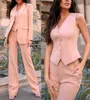 Women's Two Piece Pants Slim Fit Pink/Ivory/Red Women's Suits Sets Notch Lapel Blazer Trousers 3pcs Jacket Vest Business Wear Office