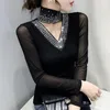 Spring Autumn Women's Tops Shirt Fashion Casual Turtleneck Long Sleeve Hollow Out Drilling Mesh T-Shirt Plus Size 220307