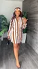 Women Casual Dresses Sexy V Neck Long Sleeve Striped Wrap Above The Knee Length Loose Mini Dress with Belt