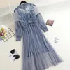 Casual Dresses 2022 Women Lantern Sleeve Pleated Ruffles Chic Dress Lady Elastic Slim Waist Mesh Gauze Pullover 3D Lace Flower Party Midi