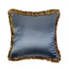 Almohada Steel Blue Vintage Chenille Leaves Checks Funda decorativa tejida Funda con flecos 45x45 cm