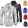 Men's Dress Shirts Men's Sequins Long Sleeve Shirt Wedding Nightclub Disco Dance Shiny T-shirt Fashion Solid Slim Button Top Club Party