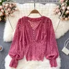 Women's Blouses Tuxedo Shirts Puff Long-sleeve Top Women's Lace Blouse Autumn Clothing Fashion Sexy Buttons V-neck Slim Blusas Mujer