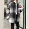 Men's Wool Plaid Woolen Coat Men's Fashion Retro Casual Jacket Men Streetwear Wild Loose Korean Long Mens Overcoat