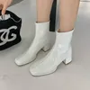 Boots Square Toe Women Ankle Stretch Shoes Thick Mid Heels Green White Black Khaki Back Zipper Sock Patent Leather