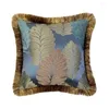 Almohada Steel Blue Vintage Chenille Leaves Checks Funda decorativa tejida Funda con flecos 45x45 cm