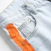 Lichte kleur Fashion Nieuwe Biker Jeans Men's Paint Hole Patch Pants Lente zomer Gepersonaliseerde slanke fit denim broek Maat 29-42 pantalones