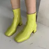 Boots Square Toe Women Ankle Stretch Shoes Thick Mid Heels Green White Black Khaki Back Zipper Sock Patent Leather