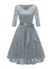 Casual Dresses Elegant Lace Evening Party Women V-neck 34 Sleeve Sashes Ladies Vintage Big Swing Midi 221031