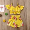 Set di abbigliamento Toddler Baby Girl Bellissimi abiti con fiori arruffati con spalle scoperte Canotte Pantaloni corti