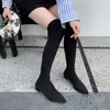 Stivali Punta a punta Donna Calza lavorata a maglia Botas Nero Grigio Tacco basso piatto Scarpe eleganti sopra il ginocchio per donna Slip on elastico