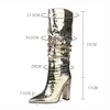부츠 유럽과 미국 스타일의 새로운 두꺼운 발 뒤꿈치 접이식 하이 사이드 지퍼 여자 실버 큰 크기 신발 220901