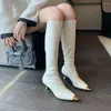 Boots Metal Toe Women Knee High Sock Booties Black White Red Thin Mid Heels Slip On Party Winter Knight