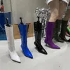 Boots Pointed Toe Women Candy Color Knee Booties 2022 Fashion Winter Party Pumps Thin High Heels Side Zipper Blue Purple White