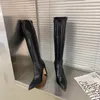 Botas apontadas para mulheres joelhos altas botas de meias estrias saltos grossos 2022 Knight Bootie Side Zipper Party Bombas