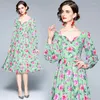 Casual Dresses Spring Autumn Bohemain Midi Dress Women's Bow V-Neck Long Puff Sleeve Green Floral Print Party K8616