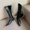 Bottes bout pointu femmes genou haute 2022 arrivées chaussures extensibles noir kaki jaune mince talons bas fermeture éclair latérale chevalier chaussons