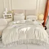 Bettwäsche Sets Chic Elegant Rüschenspitze White Duvet Cover Luxus 1200TC Egyptische Baumwolle 4pcs Weiche Bettdecke Bettlaken Kissenbezüge