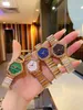 Vintage Green Malachite Zircon Watch Charm Women Geometric Irregular Wristwatch rostfritt stål Strap Quartz Watches Black Dial Female Open Armband