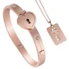 Cuffs Stainless Diamond Titanium Matching Bracelets Heart Heart-Shape Lock Titanium Steel Bracelet with Key