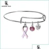 Bangle Bangle Breast Cancer Pink Ribbon Crystal Charm Wire Bangles Armband Hand Made With Love Armband Justerbara smycken Gift BD OTQM8