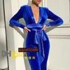 Tuta lunga da donna in velluto con fasce per eleganti pagliaccetti con scollo a V profondo blu royal Pagliaccetto autunno inverno lungo fino al pavimento