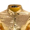 Chemises habillées pour hommes Paillettes pour hommes Chemise à manches longues Mariage Discothèque Disco Dance T-shirt brillant Mode Solid Slim Button Top Club Party