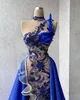 Exquisite Blue Feathers Prom Dresses Beads Crystals Sheer Neck Party Dresses Illusion with Overskirts Custom Made Evening Dress