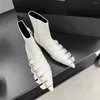 Boots White Color Women Ankle Pointed Toe Fashion Side Zipper Thin Mid Heels Sexy Party Botas Size 35-39 Sock Booties Stretch